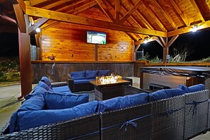 Outdoor Entertainment Extra Large Hot Tub, Seating, Fireplace, TV and Grill