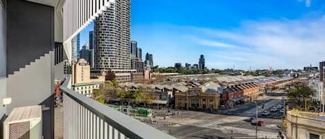 View from balcony of Queen Victoria Markets and Melbourne CBD