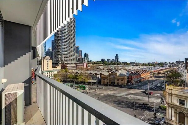 View from balcony of Queen Victoria Markets and Melbourne CBD