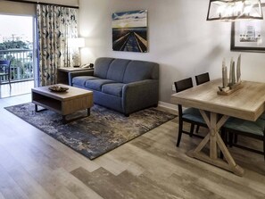 Living room also features a pullout sofa for two extra guests.
