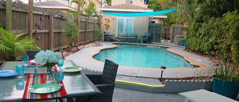 Pool Area, private with plenty of room to spread out. multiple seating areas.