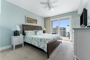 Primary Bedroom with Ocean Views, Flat Screen TV, Ensuite Bathroom and Private Balcony Access
