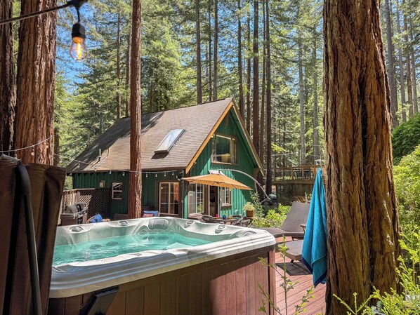 Imagine sitting in the hot tub and relaxing to - the peaceful sounds of nature.