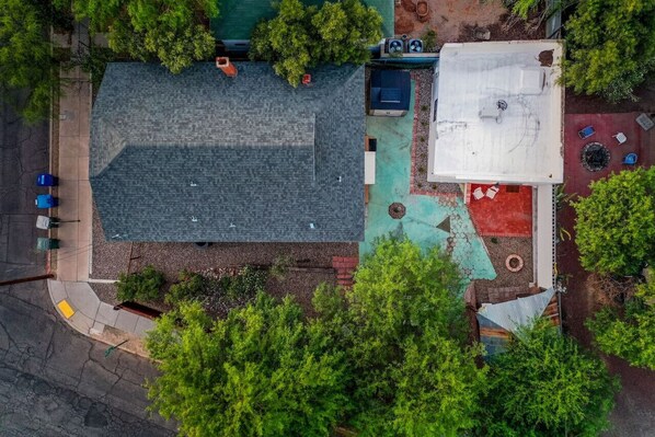 Aerial view of property, backyard, and casita