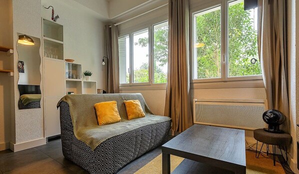 Pièce à vivre avec télé, canapé et fenêtre donnant sur une cour intérieur