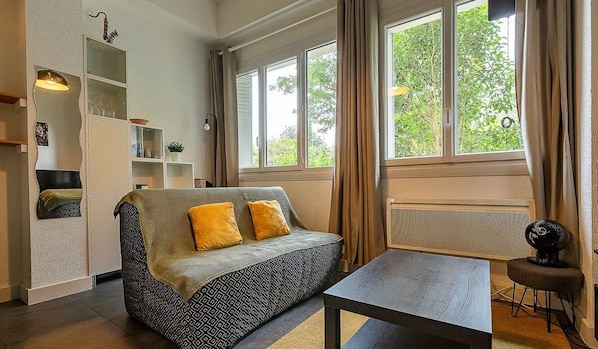 Pièce à vivre avec télé, canapé et fenêtre donnant sur une cour intérieur
