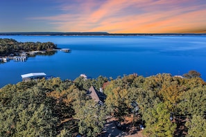 Ariel view of the lake from just above the lodge. You will be right on the water with a dock!