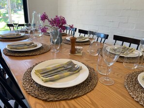 Dining table that comfortably seats 8 people.