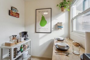 Dining area and coffee station right behind you.