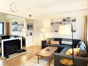 Mid-century modern inspired living room. 

* Fireplace is for display only.