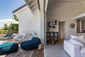 Air conditioning, sofas, ceiling fan. Widely opened onto the terrace. Ocean View.