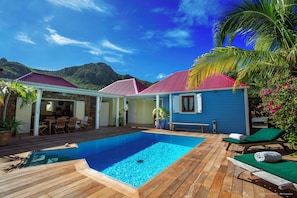 Terrace around the pool, deckchairs, parasol, barbecue, beautiful pool.