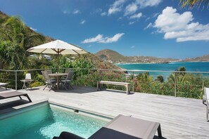 Nice pool facing the view, terrace with deck chairs. Gas barbecue.