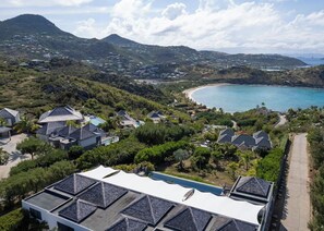 Aerial views of the property in the private Domaine du Levant. 