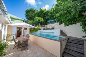 Pool, sun-beds, outdoor dining table, charcoal barbecue. 