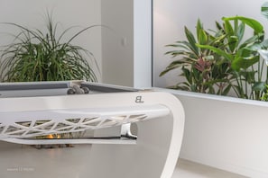 Salon ouvert sur la salle à manger, la cuisine et la terrasse, ventilateur au plafond, HD-TV, Dish Network, canal satellite, Apple TV, Bose Bluetooth system, telephone, WIFI. Table de billiard uniquement pour adultes.