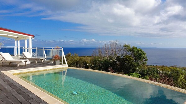 Heated  3.5 x 7 m pool, deck chairs, large terrace surrounding the pool. 
