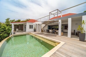 Heated  3.5 x 7 m pool, deck chairs, large terrace surrounding the pool. 