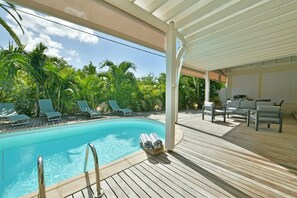 Nice pool 15 x 3 m, expansive terrace with loungers and deck chairs. Outdoor dining table on the covered terrace. 