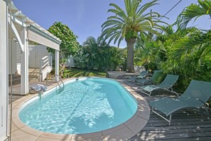 Nice pool 15 x 3 m, expansive terrace with loungers and deck chairs. Outdoor dining table on the covered terrace. 