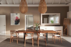 Spacious kitchen equipped with electric oven, gas stove, microwave, toaster, filter coffee machine and Nespresso machine, refrigerator, blender, hood (drop down system). Indoor dining table for 6 guests, outdoor dining table on the covered terrace. 