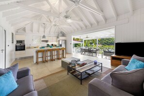 Ceiling fan, HD-TV, Dish Network, Apple TV.