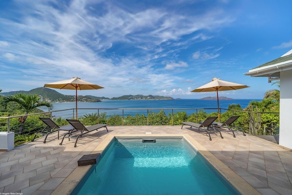 Nice pool facing the view, sund loungers, gas barbecue.
