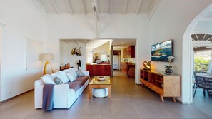 Grand séjour ouvert sur la terrasse, HD-TV, Dish Network, Apple TV. 