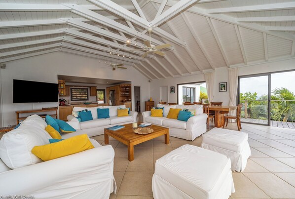 Ceiling fan, HD-TV, Dish Network, Apple TV, DVD player. 