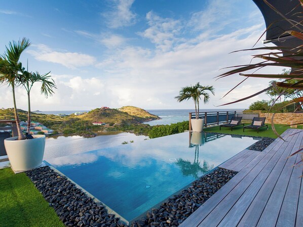 Lovely heated pool  3 m x 7 m facing the beautiful view. Terrace with deck chairs and lounge area. 