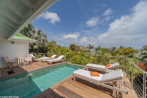 Beautiful pool facing the view, expansive terrace with deck chairs and loungers. Gas barbecue. 