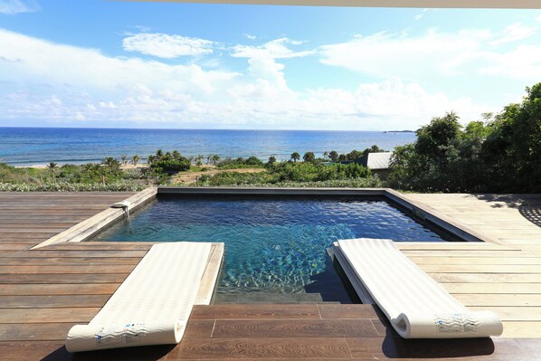 Nice pool, expansive terrace with loungers and deck chairs, gas barbecue. 