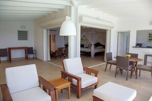 Lounge and dining areas on the covered terrace. Ocean view. 
