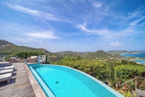 Beautiful heated 4 x 10 m pool facing the view. Large terrace with sun loungers and outdoor lounge area. Gas barbecue, outdoor shower.