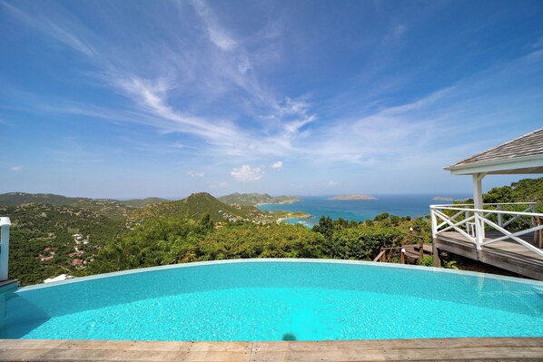 Beautiful heated 4 x 10 m pool facing the view. Large terrace with sun loungers and outdoor lounge area. Gas barbecue, outdoor shower.