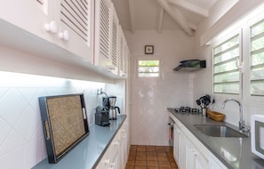 Fully equipped kitchen, fridge, mixer, espresso and Nespresso coffee machines, dishwasher, microwave, oven, toaster. Charcoal barbecue. Inside wooden table for 4 people, and outside table on the terrace.