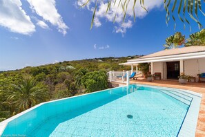 Expansive terrace with teack lounge chairs, surrounding a beautiful pool. Outdoor shower. 