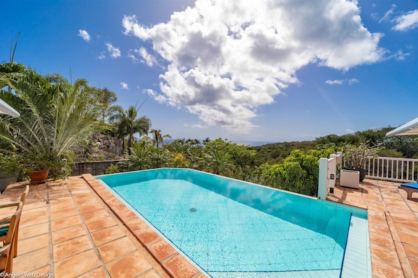 Expansive terrace with teack lounge chairs, surrounding a beautiful pool. Outdoor shower. 