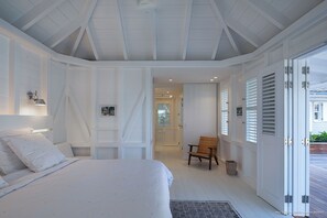 Euro King size bed, air conditioning, HD-TV, Apple TV, Dish Network, dressing room, programmable safe. Adjoining bathroom with shower, double basin, hair dryer, towels and beach towels.