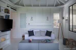 Cozy lounge area, air conditioning, HDTV (Dish, Apple TV). The room opens on the terrace and the pool. 