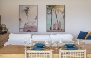 Comfortable and spacious living room with A/C, Ceiling Fan, WiFi, HDTV, Apple TV, Sound System
