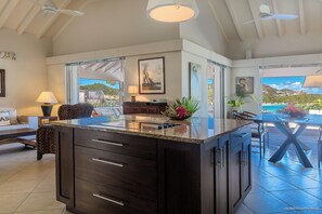 Fully equipped kitchen. Air conditioning, Ceiling fan, refrigerator with ice maker, freezer, dishwasher, oven, microwave oven, filter coffee maker, espresso coffee machine, citrus juicer, kettle, blender, centrifuge, toaster. Large dining table for 6 gues