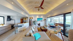 Air-conditioned living room with HD-TV, French satellite, Apple TV.