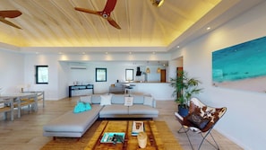 Air-conditioned living room with HD-TV, French satellite, Apple TV.