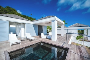 On the lower level. King size bed, air conditioning, HD-TV, Dish Network, safe, dressing room. Ensuite bathroom with rain shower, double sink, hair dryer, bathrobes, towels and beach towels. The bedrooms opens onto a private terrace with a private pool.