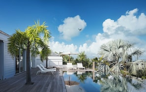 Beautiful 20m long heated pool, outdoor lounge areas, sun loungers.