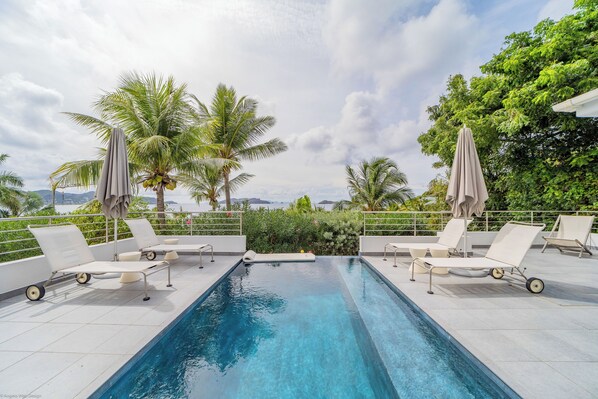 Nice pool, expansive terrace with loungers and deck chairs. Gas barbecue. 
