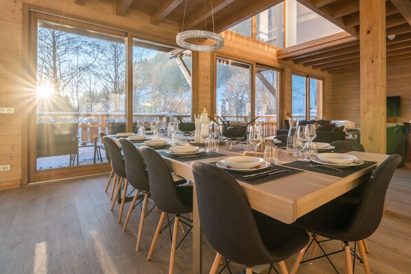 Enjoy a delicious meal at the dining table with friends and family.