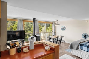 Studio unit with open concept living, dining and sleeping areas.