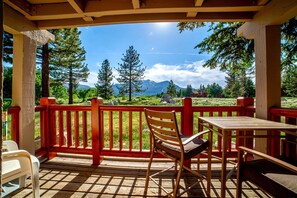 Private porch with panoramic views of the Sherwin Meadow, Mammoth Mountain, and Sherwin Mountains.
